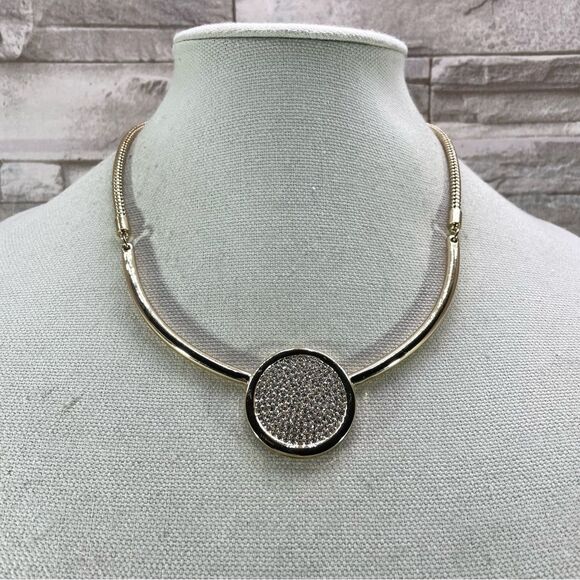 Chico’s Gold Tone Thick Snake Chain Collar Rhinestone Disc Necklace - Picture 1 of 8
